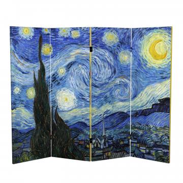 4 ft. Short Double Sided Works of Van Gogh Canvas Folding Screen- Starry Night/Sunflowers